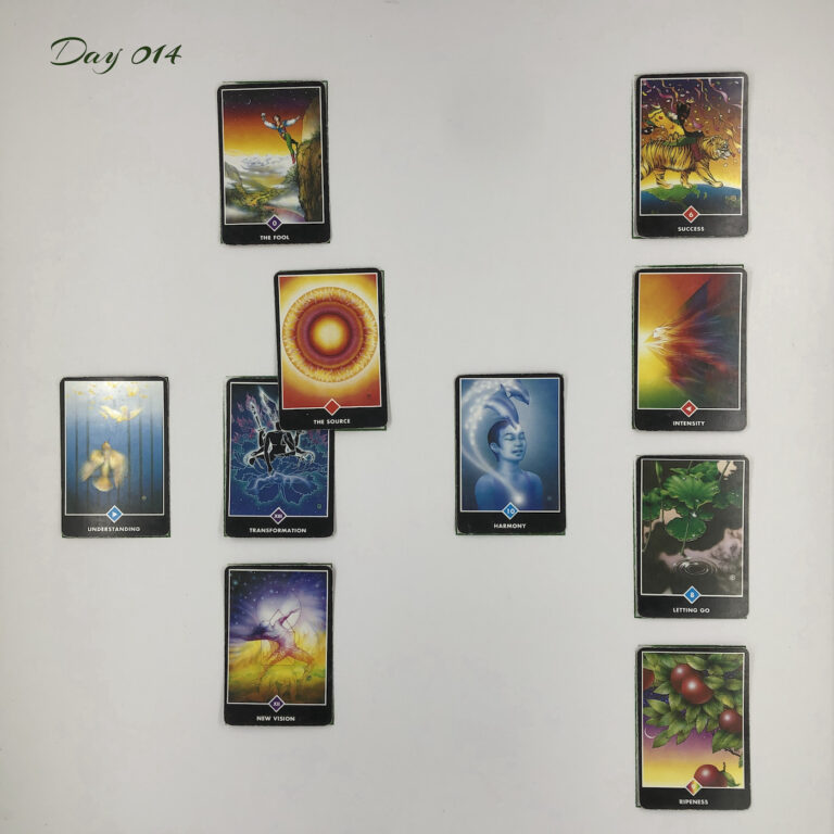 Celtic Cross Layout of daily cards.1 is Now, card is Transformation. 2 is Influence, card is The Source. 3 is Goal, card is The Fool. 4 is Distant Past, card is Harmony. 5 is Recent Past, card is New Vision. 6 is Future Energy, card is Understanding. 7 is Feelings, card is Ripeness. 8 is Others’ views, card is Letting Go. 9 is Hopes & Fears, card is Intensity. 10 is Outcome, card is Success.