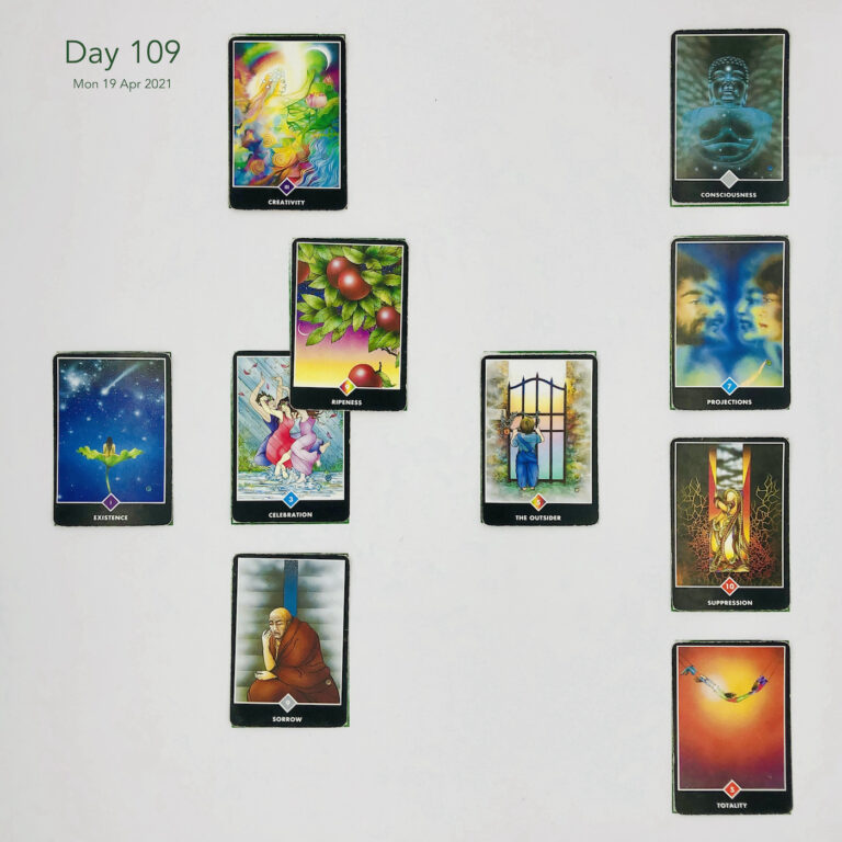 Day 109. Celtic Cross Layout: 1 is Now card is Celebration. 2 is Influence card is Ripeness. 3 is Goal card is Creativity. 4 is Distant Past card is The Outsider. 5 is Recent Past card is Sorrow. 6 is Future Energy card is Existence. 7 is Feelings or Immediate Future card is Totality. 8 is Others' Views card is Suppression. 9 is Hope & Fears card is Projections. 10 is Outcome card is Consciousness