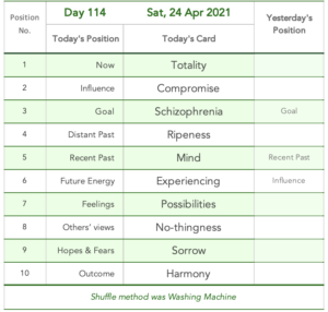 Day 114. Tabled list: position number, description, and daily card.1 is Now card is Totality. 2 is Influence card is Compromise. 3 is Goal card is Schizophrenia. 4 is Distant Past card is Ripeness. 5 is Recent Past card is Mind. 6 is Future Energy card is Experiencing. 7 is Feelings or Immediate Future card is Possibilities. 8 is Others' Views card is No-thingness. 9 is Hope & Fears card is Sorrow. 10 is Outcome card is Harmony. Shuffle method was Washing Machine
