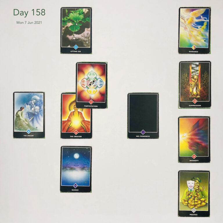 Day 158. Celtic Cross Layout: 1 is Now Aloneness. 2 is Influence Sorrow. 3 is Goal Past Lives. 4 is Distant Past Existence. 5 is Recent Past Creativity. 6 is Future Energy Abundance. 7 is Feelings or Immediate Future Postponement. 8 is Others' Views Healing. 9 is Hope & Fears Control. 10 is Outcome Guidance