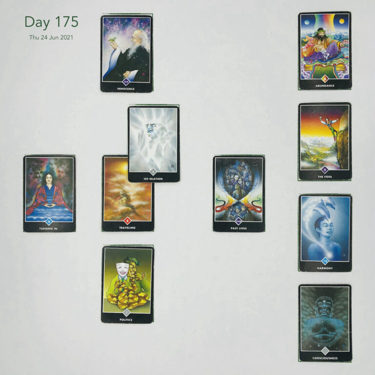 Finishing Things. Day 175. Tabled list: order of appearance. Traveling, Ice-olation, Innocence, Past Lives, Politics, Turning In, Consciousness, Harmony, The Fool, Abundance. Shuffle method was Washing Machine