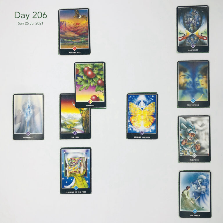 Day 206. AFL Game. In order of appearance: The Fool, Ripeness, Possibilities, Beyond Illusion, Clinging to the Past, Awareness, The Dream, Fighting, Projections, Past Lives. Standard Shuffle