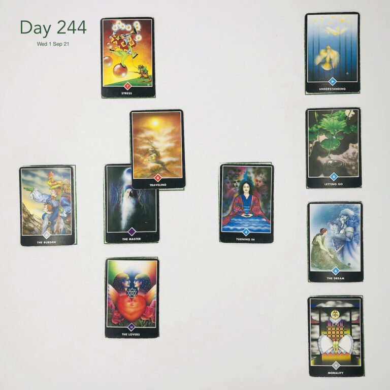Day 244. Renovation start. Cards in order of appearance: The Master, Traveling, Stress, Turning In, The Lovers, The Burden, Morality, The Dream, Letting Go, Understanding, Deck pile shuffle