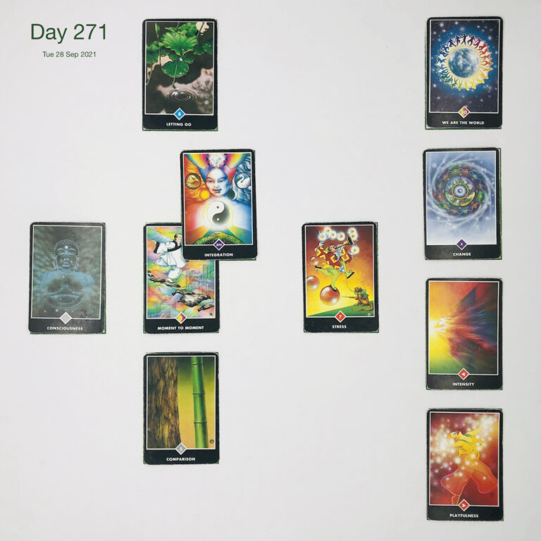 Day 271. Side effect. Cards in order of appearance: Moment to Moment, Integration, Letting Go, Stress, Comparison, Consciousness, Playfulness, Intensity, Change, We are the World, Washing Machine